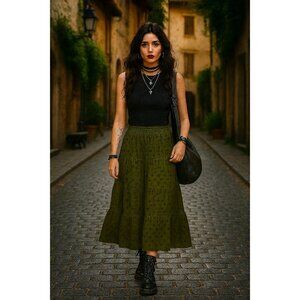 Mossimo Olive Boho Tiered Maxi Skirt – Smocked Waist – Size Small